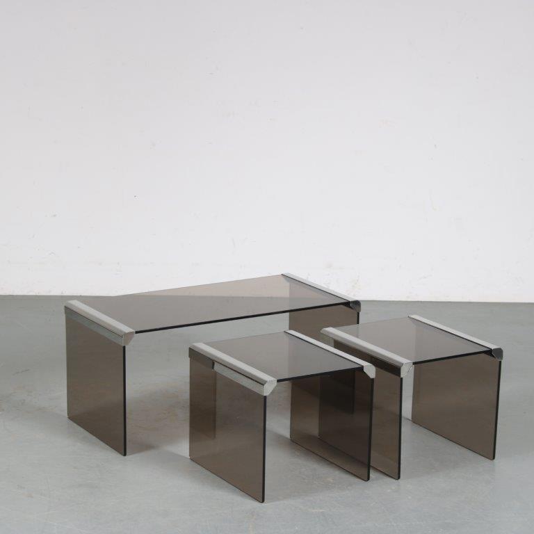 m26041 1970s Set of 3 chrome with glass nesting tables Pierangelo Galotti Gallotti & Radice, Italy