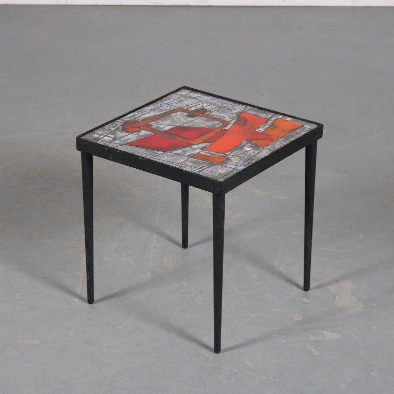m26054 1950s Small side table on black metal base with tile top with artwork Belgium
