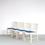 m26060 1950s Set of 4 white wooden dining chairs with blue upholstery Silkeborg, Denmark