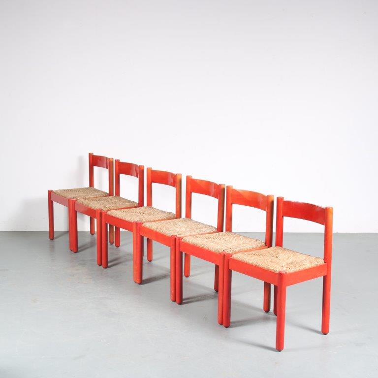 m26115 1960s Set of 6 red stained wooden dining chairs with rush seats in Perriand style France