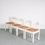 m26114 1960s Set of 4 white wooden dining chairs with rush seats in Perriand style France