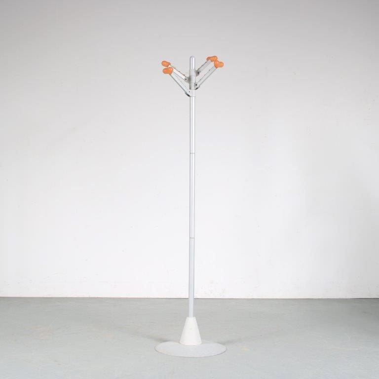m26042 1980s Memphis style free standing coat rack, grey metal base with coloured hooks Netherlands
