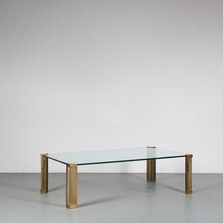 m25861 1970s Large rectangular coffee table on heavy brass legs with thick glass top Peter Ghyczy Ghyczy, Netherlands
