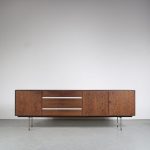 m26123 1960s Large Wengé wooden sideboard on chrome metal base with wooden leg ends Fristho, Netherlands