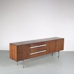 m26123 1960s Large Wengé wooden sideboard on chrome metal base with wooden leg ends Fristho, Netherlands