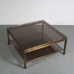 m26090 1970s Luxurious square brass coffee table with two smoke glass tops Guy Lefevre Maison Jansen, France