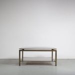 m26090 1970s Luxurious square brass coffee table with two smoke glass tops Guy Lefevre Maison Jansen, France