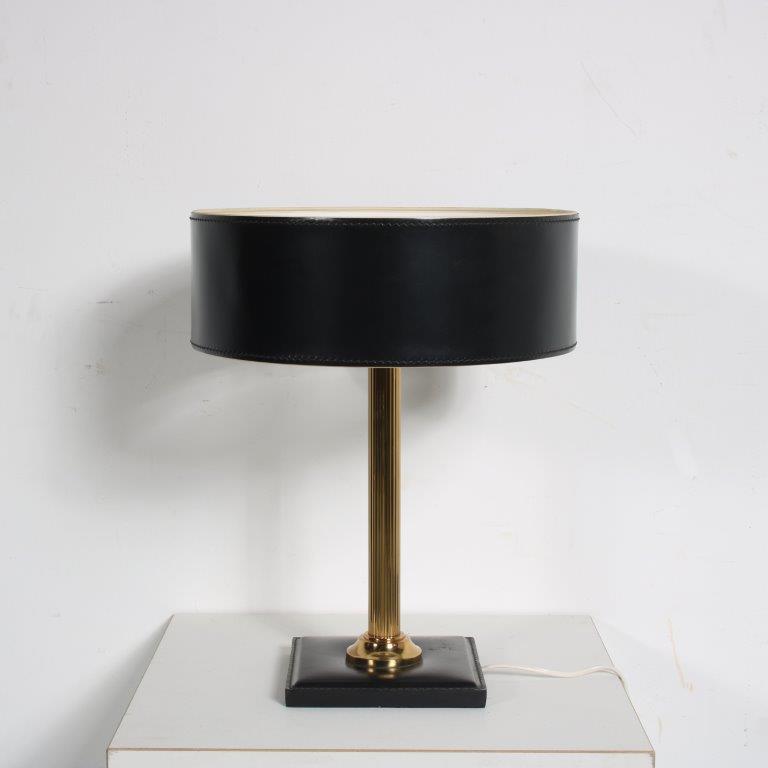 L4964 1960s Brass with leather table lamp in Adnet style France