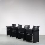 m26018 1980s Set of 4 black leather dining / conference chairs Tito Agnoli Arrben, Italy