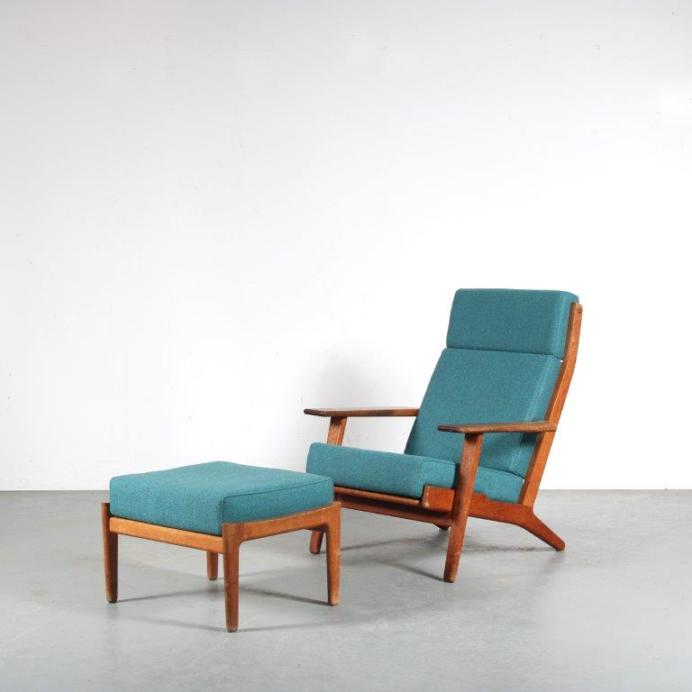 m26132 1950s Oak highback chair + ottoman model GE290 with new upholstery Hans J. Wegner Getama, Denmark