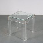 m26217 1970s Pair of lucite side tables with brass details and glass tops