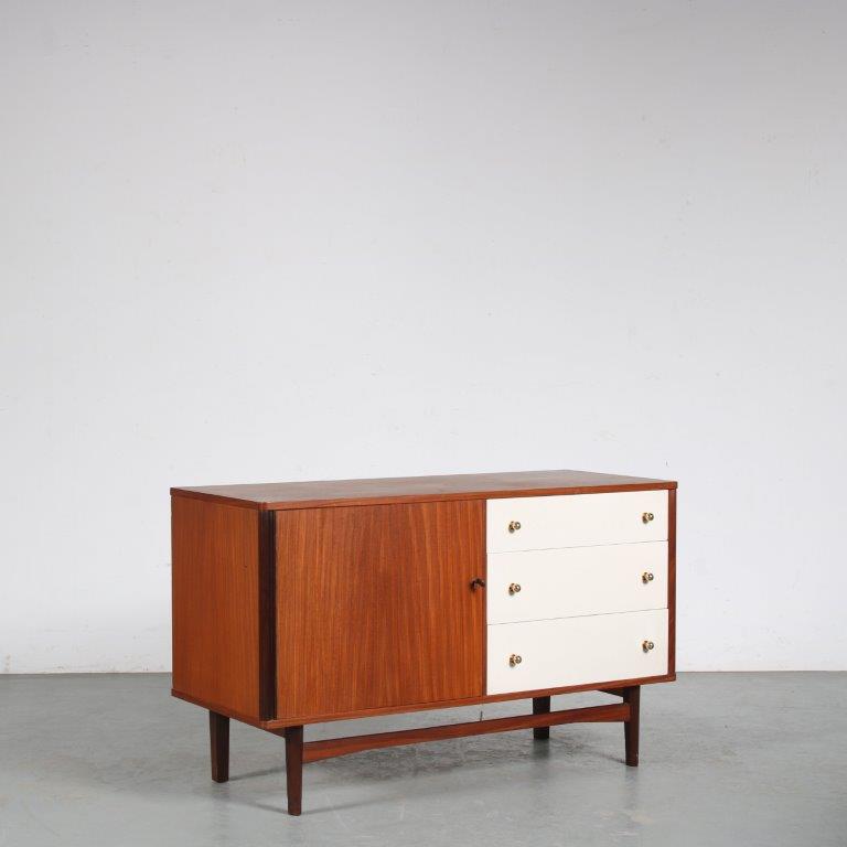 m26259 1960s Small teak sideboard with 3 white drawers Netherlands