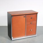 m25678 1970s Black wooden with chrome details sideboard with cognac leather upholstery and integrated fridge Guido Faleschini Mariani, Italy