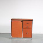 m25678 1970s Black wooden with chrome details sideboard with cognac leather upholstery and integrated fridge Guido Faleschini Mariani, Italy