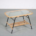 m26285-6 1950s Rattan coffee table on black metal base with blurred glass tops Netherlands