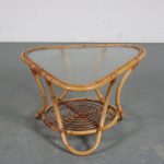 m26301 1950s Triangle shaped rattan coffee table with blurred glass top Rohé, Netherlands