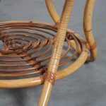 m26301 1950s Triangle shaped rattan coffee table with blurred glass top Rohé, Netherlands