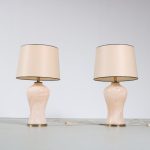 L4647 1970s set of 2 table lamps Murano glass base with fabric hood Murano Italy