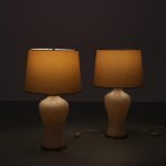 L4647 1970s set of 2 table lamps Murano glass base with fabric hood Murano Italy