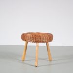 m26461-3 1950s Beech wooden stool with wicker seat attributed to Tony Paul Czech Republic