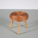 m26461-3 1950s Beech wooden stool with wicker seat attributed to Tony Paul Czech Republic