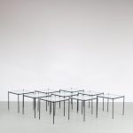 m26333 1950s Set of 9 stackable display / side tables black metal with glass tops Netherlands