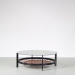 m26473 1950s Round coffee table on solid black metal base with leather magazine holder and glass top Netherlands