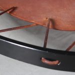 m26473 1950s Round coffee table on solid black metal base with leather magazine holder and glass top Netherlands