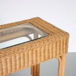 m26542 1970s Wicker with bamboo console table with glass top Italy