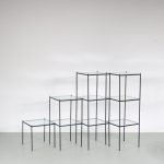 m26333 1950s Set of 9 stackable display / side tables black metal with glass tops Netherlands
