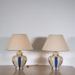 L5054 1960s Pair of luxurious ceramics table lamps with fabric hoods Paulo Marioni Marioni, Italy