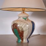 L5054 1960s Pair of luxurious ceramics table lamps with fabric hoods Paulo Marioni Marioni, Italy