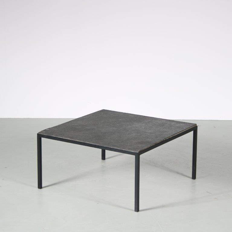 m26560 1950s Square coffee table on black metal base with slate top Floris Fiedeldij Artimeta, Netherlands