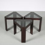 m26625 1970s Set of 3 wooden stacking tables with smoke glass tops / Porada Arredi / Italy