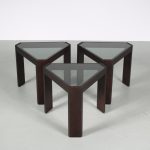 m26625 1970s Set of 3 wooden stacking tables with smoke glass tops / Porada Arredi / Italy