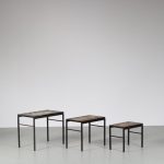 m26629 1960s Set of 3 nesting tables on black metal base with stone pieces in top / Netherlands