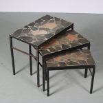 m26629 1960s Set of 3 nesting tables on black metal base with stone pieces in top / Netherlands