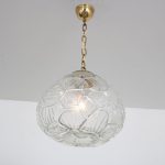 L4913 1970s Thick pressed glass hanging lamp with brass details