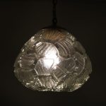 L4913 1970s Thick pressed glass hanging lamp with brass details