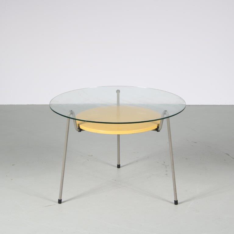 m26689 1950s Mosquito coffee table on grey metal base with yellow metal shelf and glass top Wim Rietveld Gispen, Netherlands