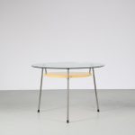 m26689 1950s Mosquito coffee table on grey metal base with yellow metal shelf and glass top Wim Rietveld Gispen, Netherlands