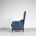 m26906 1980s Easy chair on black stained wood with blue leather upholstery, model Peggy Umberto Asnago Georgetti, Italy