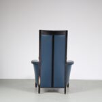 m26906 1980s Easy chair on black stained wood with blue leather upholstery, model Peggy Umberto Asnago Georgetti, Italy