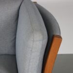 m26961 1970s Wegner style 2-seater sofa in oak with grey fabric upholstery Denmark