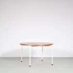 m27010 1950s Round coffee table on white metal base with teak top Netherlands