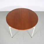 m27010 1950s Round coffee table on white metal base with teak top Netherlands