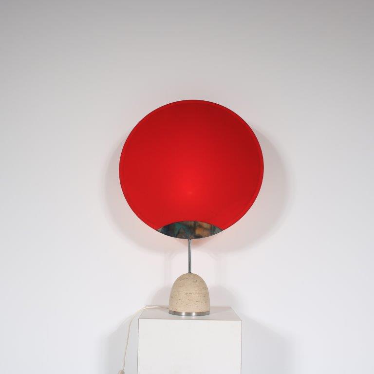 L5161 1970s Large table lamp in travertin with chrome base with large red fabric diffuser Italy