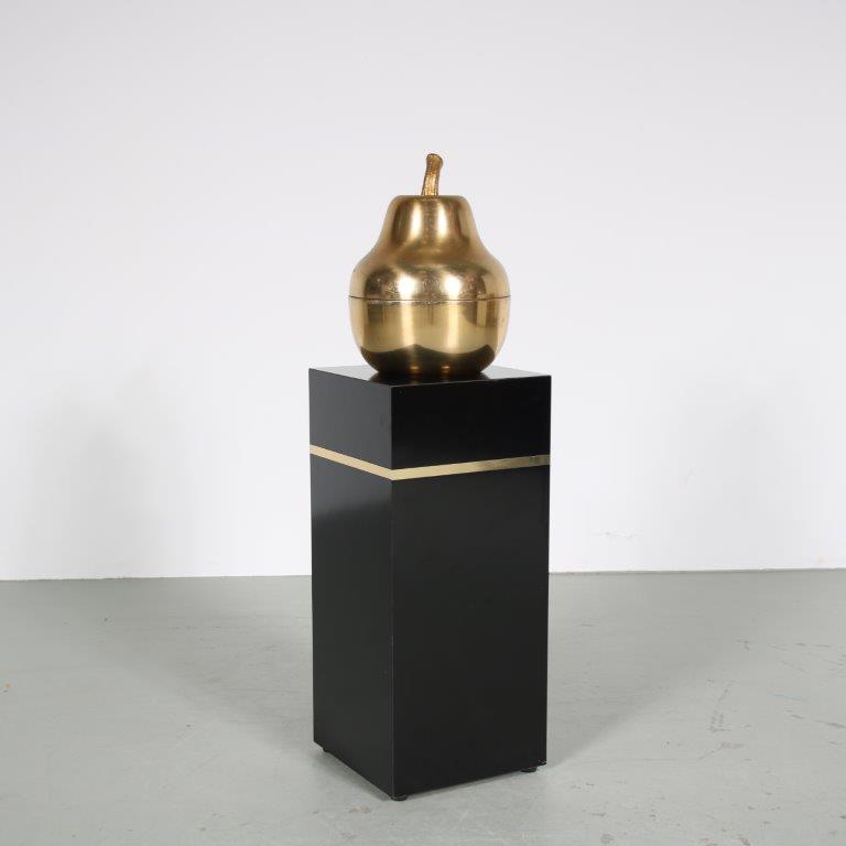 m27014 1960s Brass ice bucket in pear shape on black laminated console with brass details Italy