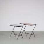 m27055 1960s Pair of nesting tables in black metal with red and gray laminated wooden tops Pilastro, Netherlands