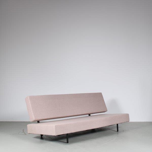 m27070 1960s 3-Seater sleeping sofa to double bed on black metal base with new rose beige upholstery Netherlands